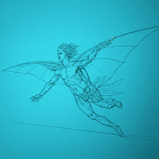 Cyan holographic Da Vinci flying machine sketch